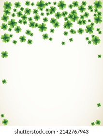 Saint Patrick's Day light vector frame with small green four-leaf clover shamrock leaves. Irish festival celebration greeting card design background. Nature floral spring backdrop.