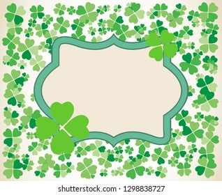 Saint Patrick's Day light vintage vector frame with small green four-leaf clover shamrock leaves. Irish festival celebration greeting card design background. Nature floral spring backdrop.