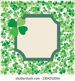 Saint Patrick's Day light vintage vector frame with small green four-leaf clover shamrock leaves. Irish festival celebration greeting card design background. Nature floral spring backdrop.