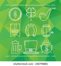 Saint Patrick's Day line icons set on green abstract polygonal background. Vector illustration.