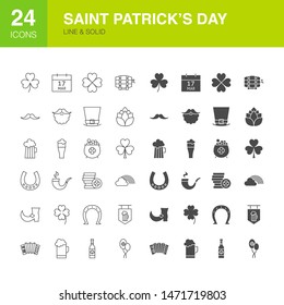 Saint Patrick's Day Line Web Glyph Icons. Vector Illustration of Holiday Outline and Solid Symbols. 