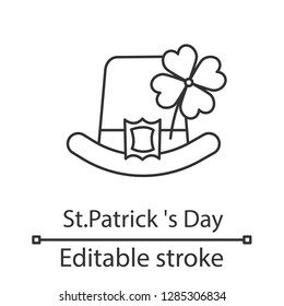 Saint Patrick's Day linear icon. Thin line illustration. March 17th. Leprechaun hat with four leaf clover. Contour symbol. Vector isolated outline drawing. Editable stroke