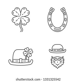Saint Patrick's Day linear icons set. Thin line contour symbols. Feast of St. Patrick. Bowler hat, leprechaun, horseshoe, four leaf clover. Isolated vector outline illustrations. Editable stroke