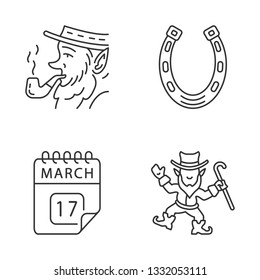 Saint Patrick's Day linear icons set. Thin line contour symbols. Feast of St. Patrick. Leprechauns, horseshoe, March 17 calendar date. Isolated vector outline illustrations. Editable stroke