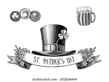 Saint Patrick's Day logo hand draw vintage engraving style black and white clip art isolated on white background