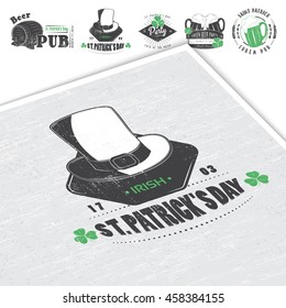 Saint Patricks Day. Luck of the Irish. Detailed elements. Old retro vintage grunge. Scratched, damaged, dirty effect. Typographic labels, stickers, logos and badges. Flat vector illustration