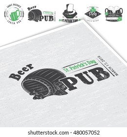 Saint Patricks Day. Luck of the Irish. Detailed elements. Old retro vintage grunge. Scratched, damaged, dirty effect. Typographic labels, stickers, logos and badges. Mockup style.