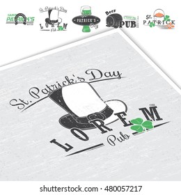 Saint Patricks Day. Luck of the Irish. Detailed elements. Old retro vintage grunge. Scratched, damaged, dirty effect. Typographic labels, stickers, logos and badges. Mockup style.