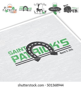 Saint Patricks Day. Luck of the Irish. Detailed elements. Old retro vintage grunge. Scratched, damaged, dirty effect. Typographic labels, stickers, logos and badges. Mockup style