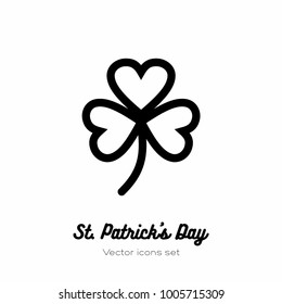 Saint Patricks Day Lucky Clover, Shamrock, Trefoil Vector Icon. Black White Line Art Flat Icon For Logo, Sign, Button. Minimalist St Patricks Day Menu, Flyer, Poster. Isolated Patrick Trefoil