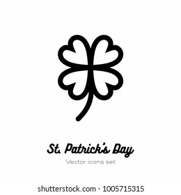 Saint Patricks day lucky clover, shamrock, trefoil vector icon. Black white line art flat icon for logo, sign, button. Minimalist st Patricks day menu, flyer, poster. Isolated Patrick trefoil