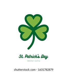 Saint Patricks day lucky clover, shamrock, trefoil vector icon. Green art flat icon for logo, sign, button. Minimalist st Patricks day menu, flyer, poster. Isolated Patrick trefoil