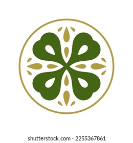 Saint Patrick's Day lucky clover golden antique classic circle badge vintage icon vector flat illustration. Irish fortune green shamrock curved floral ornate prosperity success classic round frame