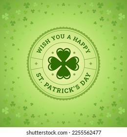 Saint Patrick's Day lucky clover greeting social media post template vintage vector illustration. Celtic culture traditional holiday shamrock circle seal design green gradient background advertise