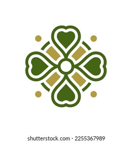 Saint Patrick's Day lucky green clover petals fortune shamrock linear vintage icon vector illustration. Irish prosperity good luck symbol floral ornate with golden decor element Celtic culture