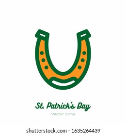 Saint Patricks day lucky horseshoe vector icon. Orange green line art flat icon for logo, sign, button. Minimalist st Patricks day menu, flyer, poster. Isolated Patrick lucky golden horseshoe.