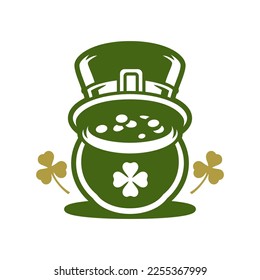Saint Patrick's Day lucky pot full of coin money with leprechaun hat green vintage icon vector flat illustration. Irish fortune financial prosperity mascot cash currency troll gnome headdress design