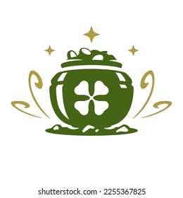 Saint Patrick's Day lucky prosperity magic pot full of coins money vintage icon vector flat illustration. Celtic rich fortune success treasure green clover Irish traditional culture wealth gold money