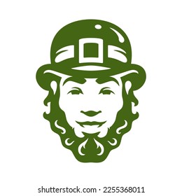 Saint Patrick's Day lucky troll leprechaun face in hat Irish fortune mascot vintage icon vector flat illustration. Celtic beard gnome portrait positive fairy tale folklore character green retro design