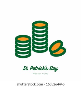 Saint Patricks day magic gold coins vector icon. Orange green line art flat icon for logo, sign, button. Minimalist st Patricks day menu, flyer, poster. Isolated Patrick magic golden coins.