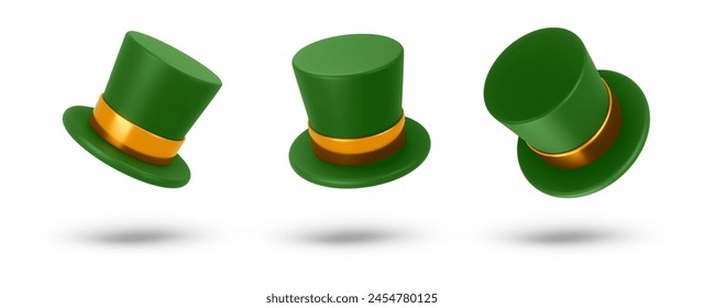 Saint Patrick's Day and magic show concept. Set 3d style illustration of a green Cylinder magic hat with golden ribbon. Cute cartoon style. Vector art isolated on white background