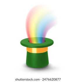 Saint Patrick's Day and magic show concept. Set 3d style illustration of a green Cylinder magic hat with golden ribbon and rainbow. Vector art isolated on white background