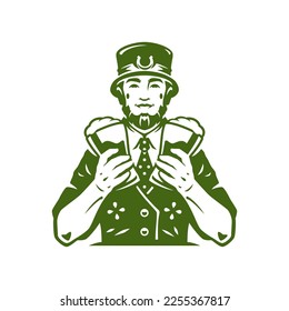 Saint Patrick's Day male luck leprechaun foamy beer mug green vintage icon vector flat illustration. Irish festive traditional fairy tale character in hat clover horseshoe pub bar alcohol beverage