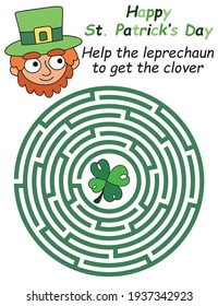 Saint Patrick's Day maze game for children stock vector illustration. Help the leprechaun to get the four leaf clover. Simple labyrinth puzzle for kids. Irish feast day activity page. One of a series