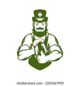 Saint Patrick's Day muscular Irish bearded man beer mug pub bar cheers feast vintage icon vector flat illustration. Celtic athletic male in hat clover alcohol beverage traditional holiday celebrate