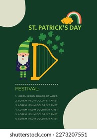 Saint Patrick's Day Music Festival vector invitation with harp leprechaun and typography. Flat design for print invite