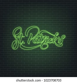 Saint Patrick's Day. Neon glowing sign of lettering St. Patrick's. Saint Patrick neon set