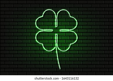 Saint Patrick's Day. Neon glowing sign of four leaves clover leaf. Clover neon icon