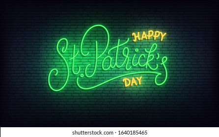 Saint Patrick's Day neon. Happy St. Patrick's day lettering glowing green sign. Patricks Day Irish holiday