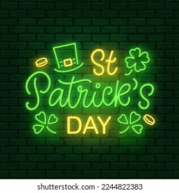 Saint Patrick's day neon illuminated banner. Night club party signboard. Poster, flyer template. Vector illustration. Irish holiday glowing text with green hat, gold and shamrock leaf on brick wall. 