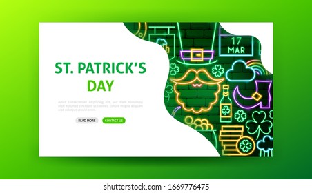 Saint Patricks Day Neon Landing Page. Vector Illustration of Holiday Promotion.