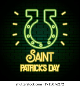 saint patricks day neon light with horseshoe vector illustration design