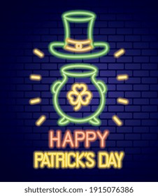 saint patricks neon light day con sombrero leprechaun y trébol en cauldron vectorial ilustración diseño