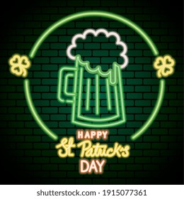 saint patricks day neon light with beer drink vector illustration design