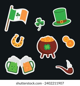 Objetos del Día de los Patrocinadores. Bandera Irlanda, olla de monedas de oro, rocas de champú, sombrero verde y herradura. Ilustración vectorial de los stickers del Día de San Patricio.