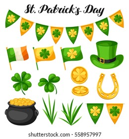 Saint Patricks Day objects. Flag Ireland, pot of gold coins, shamrocks, green hat and horseshoe.