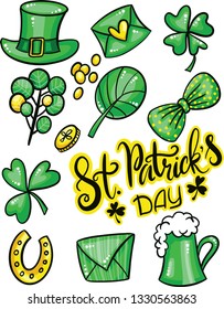 Saint Patricks Day objects. VECTOR illustration with hand drawn lettering, beer, clover, horseshoe and other isolated on white