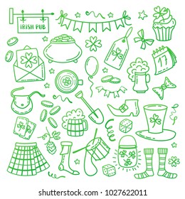 Saint Patricks Day objects.Traditional Irish holiday symbols pot of gold coins,shamrocks,green hat,horseshoe and other icons isolated on white background. Hand drawn doodle style vector illustration