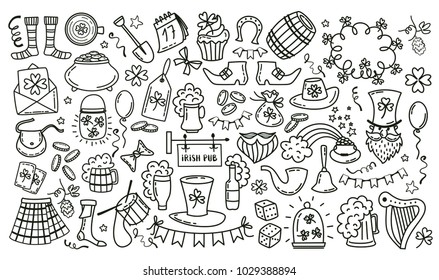 Saint Patricks Day objects.Traditional Irish holiday symbols pot of gold coins, shamrocks,green hat and horseshoe and other icons isolated on white background.Hand drawn doodle vector illustration