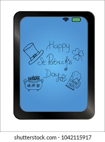 Saint Patricks Day on background plate. Retro Style. Set Emblems: leaf clover, pint beer, leaf clover. Hand drawn Vector illustration.