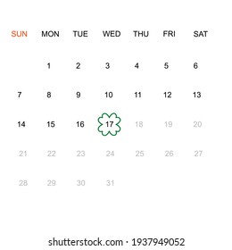Saint Patricks Day on calendar 17th March. Illustration in vector format. 