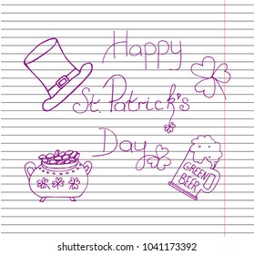 Saint Patricks Day on copybook background. Retro Style. Set Emblems: leaf clover, pint beer, leaf clover. Hand drawn Vector illustration.