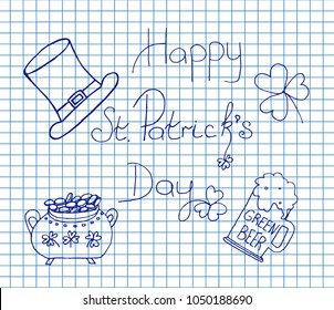 Saint Patricks Day on copybook background. Retro Style. Set Emblems: leaf clover, pint beer, leaf clover. Hand drawn Vector illustration.