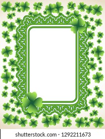 Saint Patrick's Day ornate light vector frame with small green four-leaf clover shamrock leaves. Irish festival celebration greeting card design background. Nature floral spring backdrop.