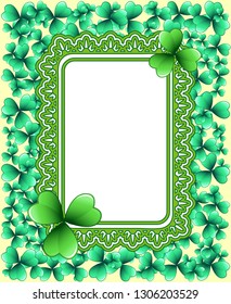 Saint Patrick's Day ornate vector frame with green clover shamrock leaves. Irish festival celebration greeting card design background. Nature floral spring backdrop.