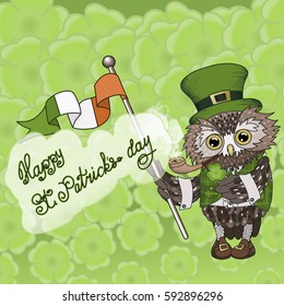 Saint Patrick's day owl smoking pipe and holding clover symbol and Irish flag, wearing a green traditional outfit with national pattern, tiled background with four-leaf lucky clover